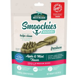 Rachael Ray Nutrish Smoochies Brushes Natural Apple & Mint Flavored Small & Medium Dental Dog Treats, 5-oz bag, Count Varies