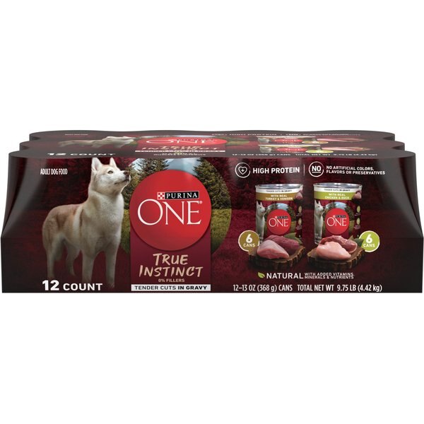 Purina ONE SmartBlend True Instinct Tender Cuts In Gravy Real Beef & Bison Wet Dog Food, 13-oz can, case of 12