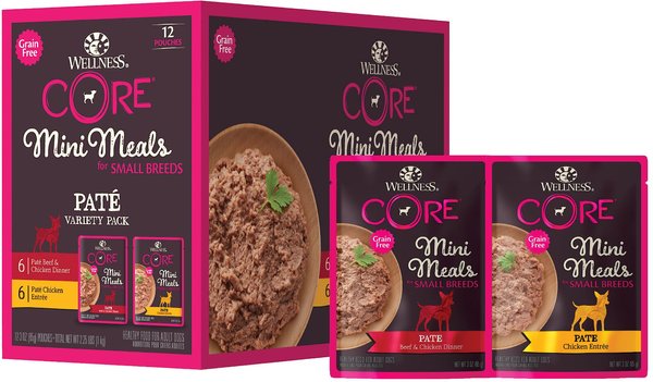 Wellness CORE Mini Meals Beef & Chicken, Chicken Pate Variety Pack Dog Food Pouches, 3-oz, pack of 12 slide 1 of 8