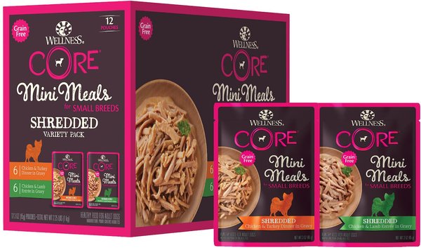 Wellness CORE Mini Meals Chicken & Turkey, Chicken & Lamb Shredded Variety Pack Dog Food Pouches, 3-oz, pack of 12 slide 1 of 8