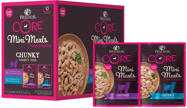 Wellness CORE Mini Meals Chicken & Chicken Liver, Chicken & Tuna Variety Pack Dog Food Pouches, 3-oz, pack of 12 slide 1 of 8