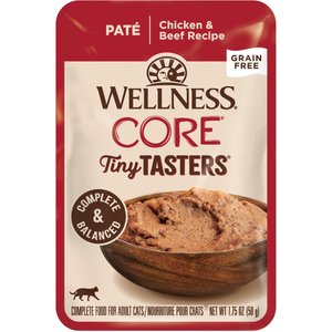 Wellness CORE Tiny Tasters Chicken & Beef Pate Grain-Free Cat Food Pouches, 1.75-oz, pack of 12
