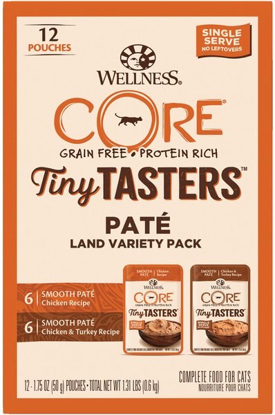 Wellness CORE Tiny Tasters Chicken, Chicken & Turkey Pate Land Variety Pack Grain-Free Cat Food Pouches, 1.75-oz, pack of 12 slide 1 of 8