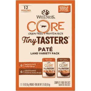 Wellness CORE Tiny Tasters Chicken, Chicken & Turkey Pate Land Variety Pack Grain-Free Cat Food Pouches, 1.75-oz, pack of 12