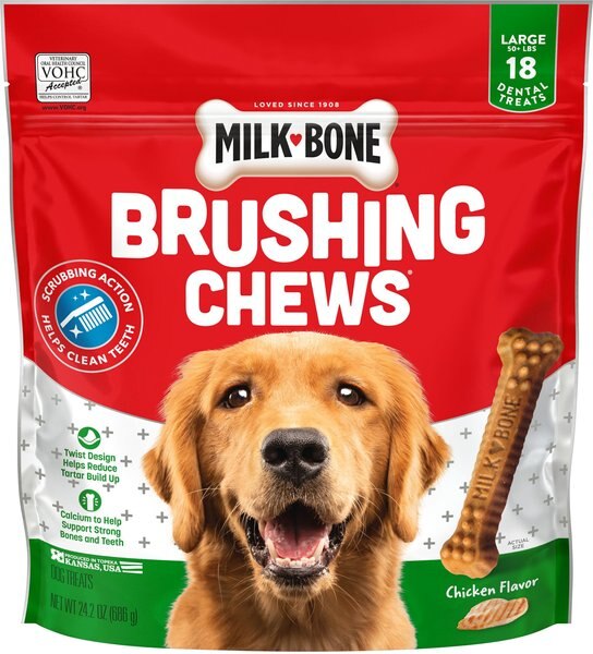 MILKBONE Original Brushing Chews Daily Dental Dog Treats, Large, 18