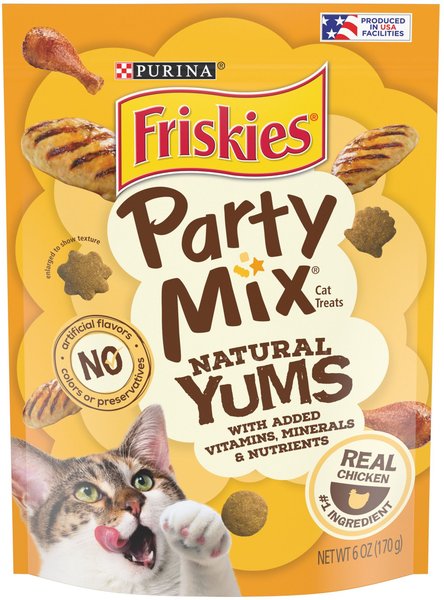Friskies Party Mix Natural Yums with Real Chicken Flavor Crunchy Cat Treats, 6-oz bag slide 1 of 10