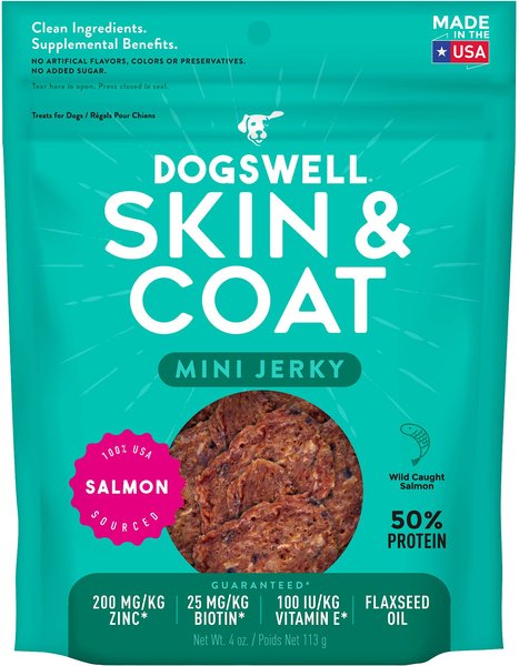 Dogswell Jerky Minis Skin & Coat Salmon Recipe Grain-Free Dog Treats, 4-oz bag slide 1 of 8