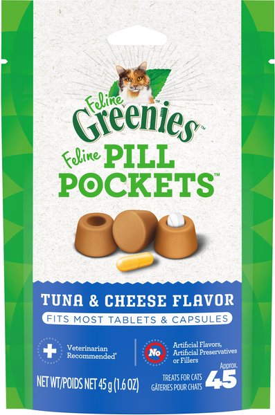 Greenies Pill Pockets Feline Tuna & Cheese Flavor Natural Soft Adult Cat Treats, 45 count slide 1 of 8