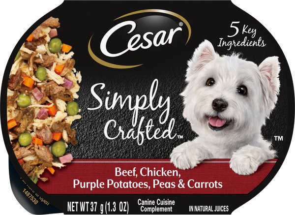 Cesar Simply Crafted Beef, Chicken, Purple Potatoes, Peas & Carrots Wet Dog Food Topper, 1.3-oz, case of 10 slide 1 of 9
