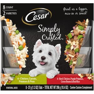 Cesar Simply Crafted Variety Pack Chicken, Carrots, Potatoes & Peas & Beef, Chicken, Purple Potatoes, Green Beans & Red Rice Adult Wet Dog Food Topper, 1.3-oz, pack of 8