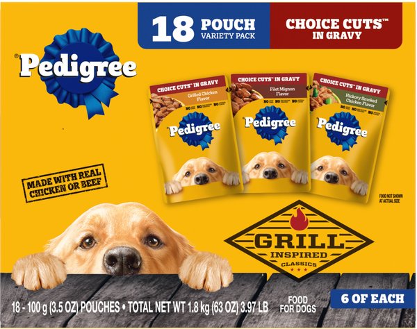 Pedigree Choice Cuts in Gravy Variety Pack, Hickory Smoked Chicken Flavor, Grilled Chicken Flavor in Sauce & Filet Mignon Flavor in Gravy Adult Wet Dog Food Pouches, 3.5-oz, pack of 18 slide 1 of 8