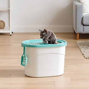 IRIS USA Large Round Top Entry Cat Litter Box & Scoop, White/Green