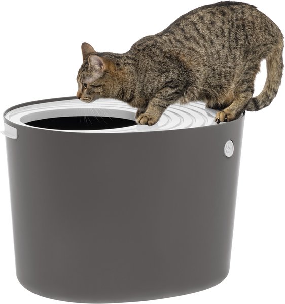 IRIS USA Round Top Entry Cat Litter Box & Scoop, Gray/White, Large slide 1 of 9