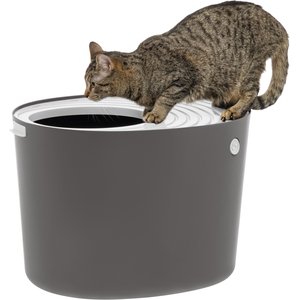 IRIS Round Top Entry Cat Litter Box & Scoop, Gray/White, Large
