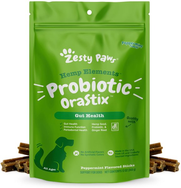 

Zesty Paws Hemp Elements Probiotic OraStix Peppermint Flavored Dog Dental Chews, 12-oz bag slide 1 of 9