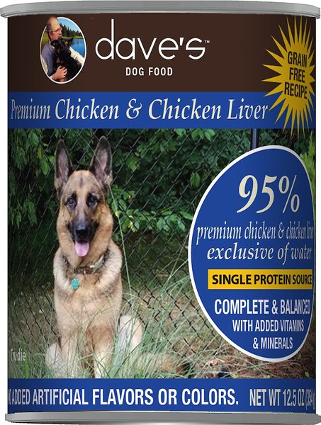 Dave's Pet Food 95% Premium Chicken & Chicken Liver Canned Dog Food, 12.5-oz, case of 12 slide 1 of 4