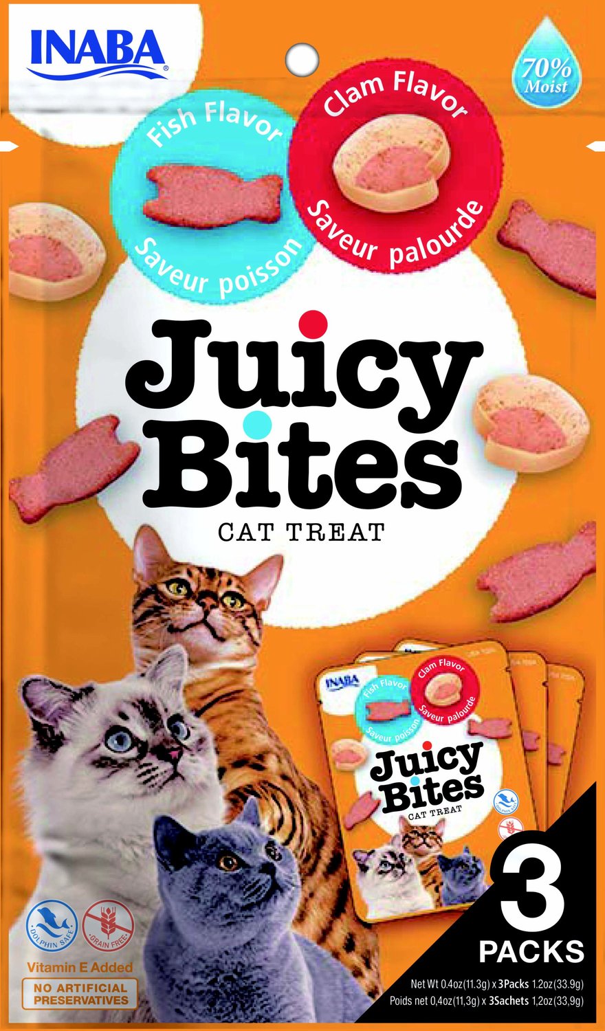 INABA Juicy Bites Fish & Clam Flavor Soft & Chewy Cat Treats, 0.4oz pouch, 3 count