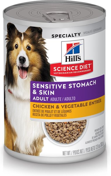 Hill's Science Diet Adult Sensitive Stomach & Skin Chicken & Vegetable Entrée Canned Dog Food, 12.8-oz, 12 Pack slide 1 of 11
