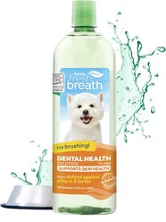 TropiClean Fresh Breath Dental Health Solution + Skin Health Support Dog Dental Water Additive, 33.8-oz bottle