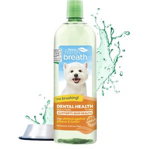 TropiClean Fresh Breath Dental Health Solution + Skin Health Support Dog Dental Water Additive, 33.8-oz bottle