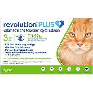 Revolution Plus Topical Solution for Cats, 11.1-22 lbs, (Green Box), 3 Doses (3-mos. supply)