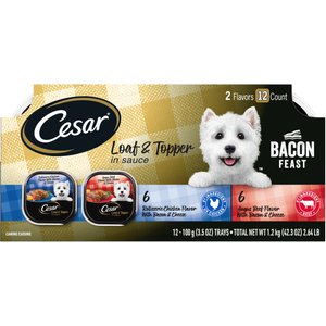 Cesar Bacon Feast Loaf & Topper Variety Pack Small Breed Adult Wet Dog Food Trays, 3.5-oz, case of 12