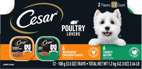 Cesar Poultry Lovers Turkey & Chicken Filets in Gravy Variety Pack Small Breed Adult Wet Dog Food Trays, 3.5-oz, case of 12 slide 1 of 10