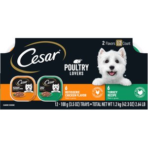 Cesar Poultry Lovers Turkey & Chicken Filets in Gravy Variety Pack Small Breed Adult Wet Dog Food Trays, 3.5-oz, case of 12