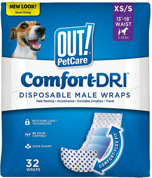 OUT! Disposable Male Dog Wraps, Extra Small/Small: 13 to 18-in waist, 32 count slide 1 of 8