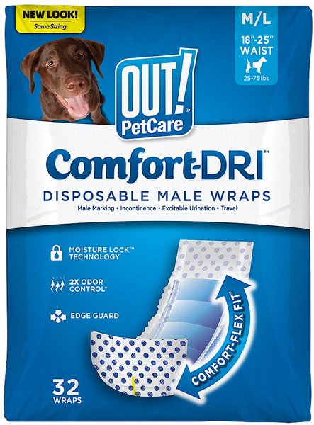 OUT! Disposable Male Dog Wraps, Medium/Large: 18 to 25-in waist, 32 count slide 1 of 8