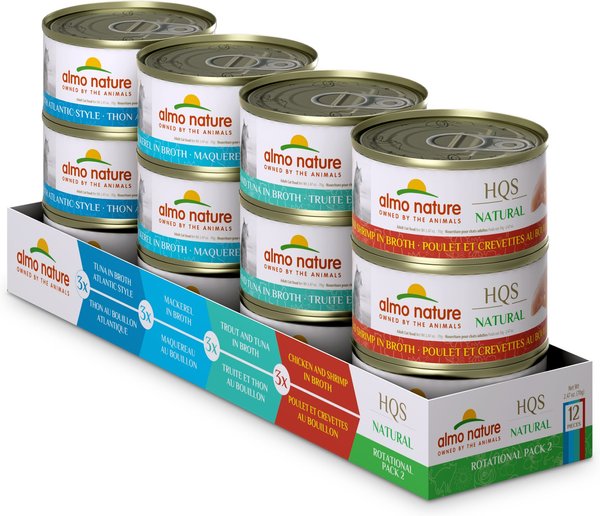 Almo Nature HQS Natural Atlantic Tuna, Mackerel, Chicken & Shrimp, Trout & Tuna Variety Pack Canned Cat Food, 2.47-oz, case of 12 slide 1 of 9