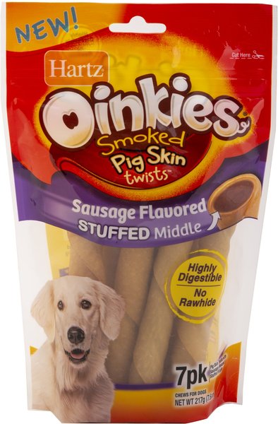 Hartz Oinkies Smoked Pig Skin Twists Sausage Flavored Stuffed Dog Treats, 7 count slide 1 of 5