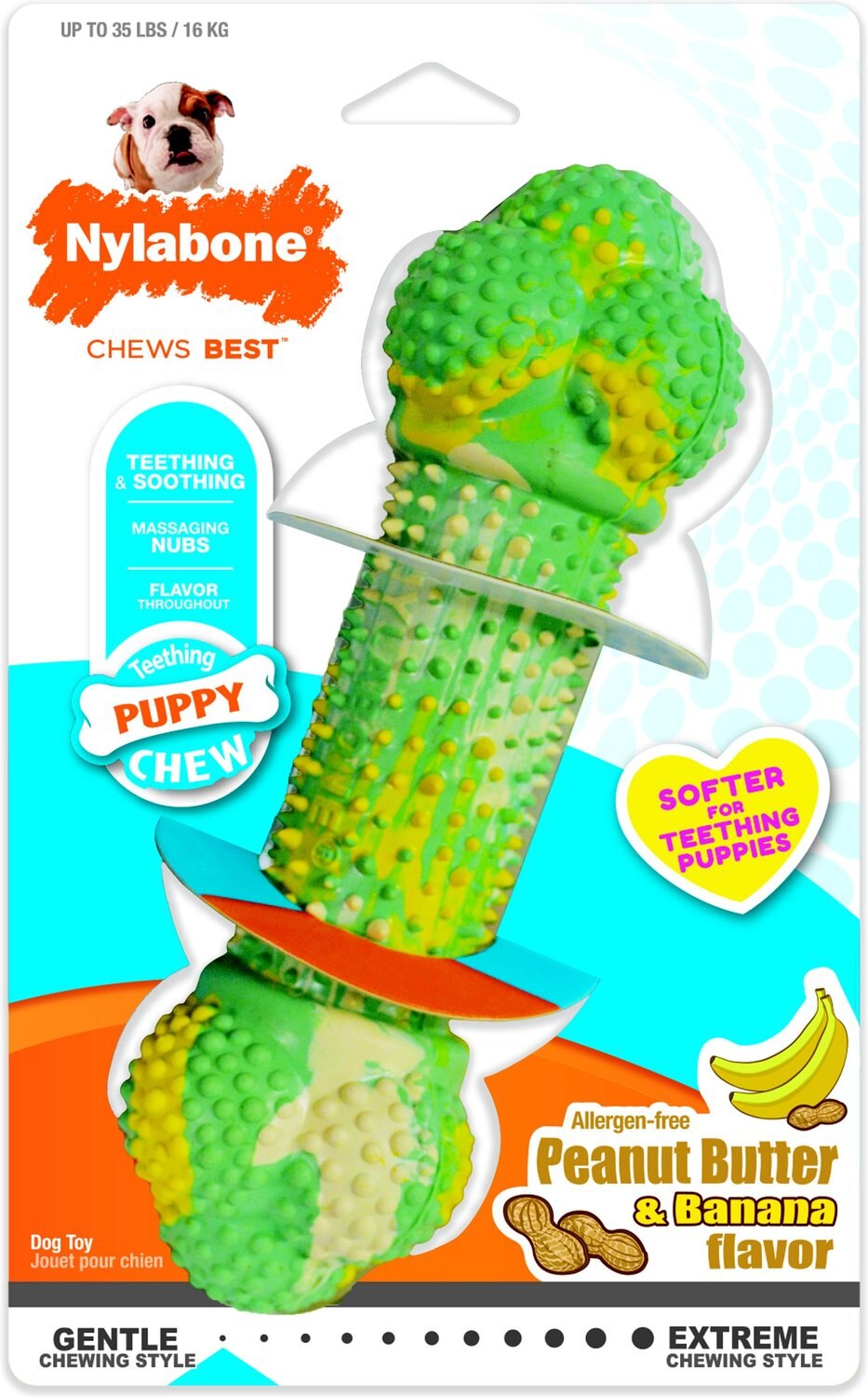 Nylabone Just for Puppies Double Action Bone Puppy Dog Teething Chew Toy, Banana & Peanut Butter