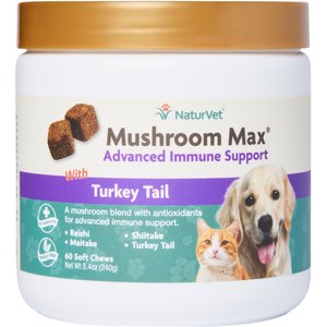 NaturVet Mushroom Max with Turkey Tail Soft Chews Immune Supplement for Cats & Dogs, 60 count