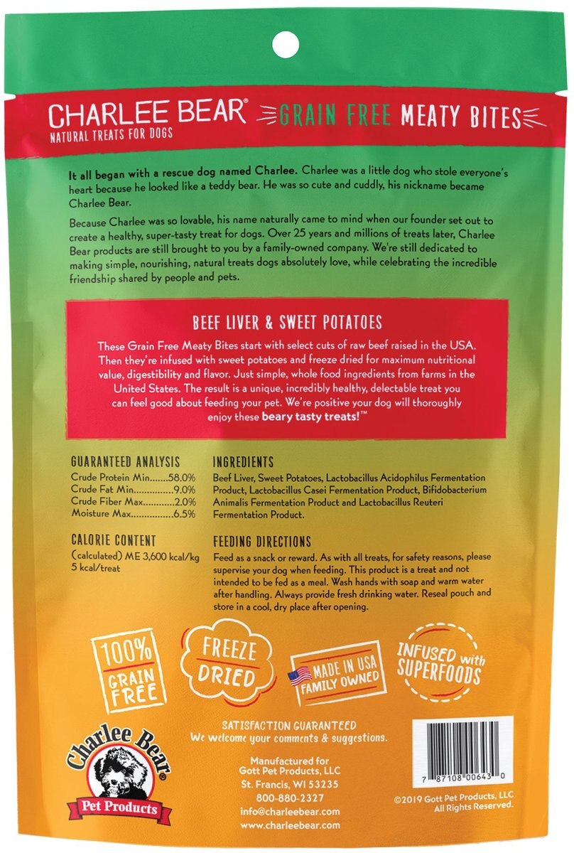 CHARLEE BEAR Meaty Bites Beef Liver & Sweet Potatoes GrainFree FreezeDried Dog Treats, 2.5oz