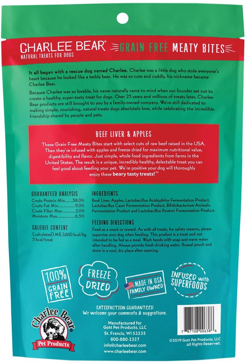CHARLEE BEAR Meaty Bites Beef Liver & Apples GrainFree FreezeDried Dog Treats, 2.5oz bag