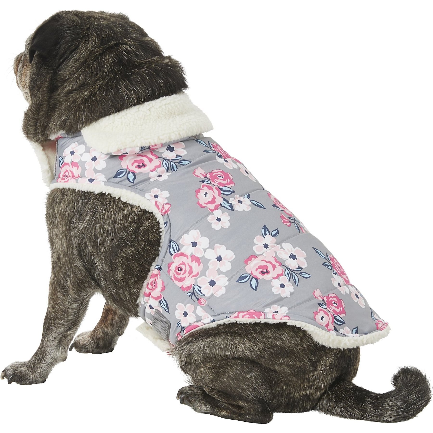 Discontinued PUP CREW Gray Floral Shearling Wrap Dog Jacket XX Large Chewy