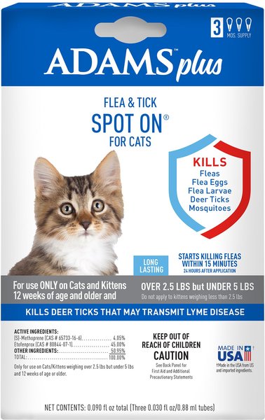 Adams Flea & Tick Spot Treatment for Cats, 2.5-5 lbs, 3 Doses (3-mos. supply) slide 1 of 9