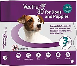Vectra 3D Flea & Tick Spot Treatment for Dogs, 11-20 lbs, 3 Doses (3-mos. supply) slide 1 of 9