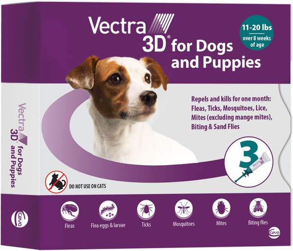 Vectra 3D Flea & Tick Spot Treatment for Dogs, 11-20 lbs, 3 Doses (3-mos. supply) slide 1 of 2