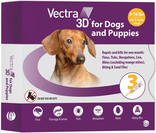 VECTRA 3D Flea & Tick Spot Treatment for Dogs, 5-10 lbs, 3 Doses (3-mos.  supply) 