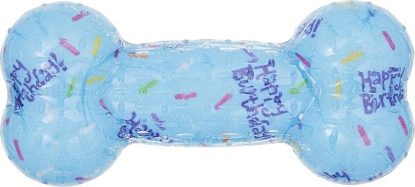 Frisco Birthday TPR Fetch Bone Squeaky Dog Toy, Blue, Medium/Large slide 1 of 6
