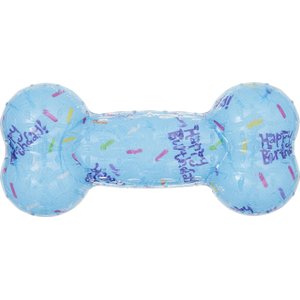Frisco Birthday TPR Fetch Bone Squeaky Dog Toy, Blue, Medium/Large