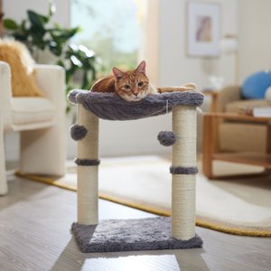 Small cat tree with a orange cat laying on it