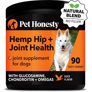 PetHonesty Hemp Hip + Joint Health Duck Soft Chews Glucosamine, Chondroitin Supplement for Dogs, 90 count