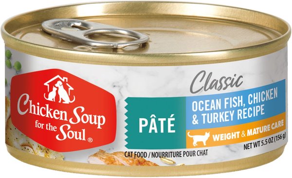 Chicken Soup for the Soul Weight & Mature Care Ocean Fish, Chicken & Turkey Recipe Pate Canned Cat Food, 5.5-oz, case of 24 slide 1 of 7