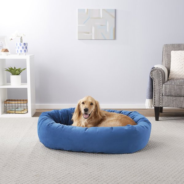 FRISCO Velvet Round Bolster Dog Bed w/Removable Cover, Blue, X-Large ...