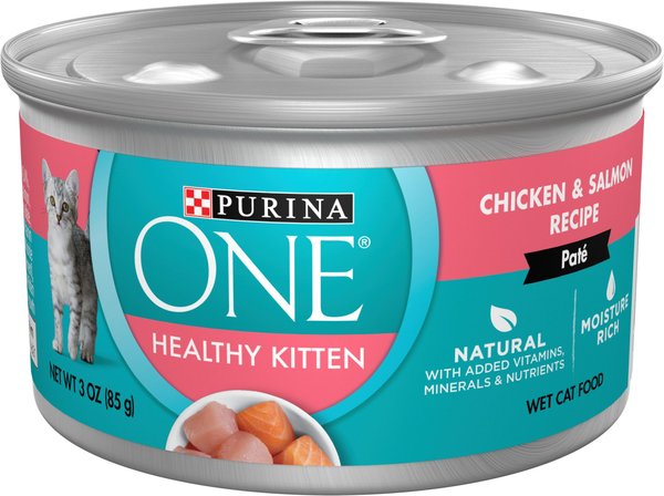 Purina ONE Grain Free Natural Pate Healthy Kitten Chicken & Salmon Recipe Wet Kitten Food, 3-oz, case of 24 slide 1 of 13