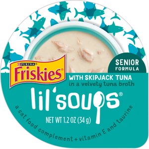 Friskies Lil' Soups with Skipjack Tuna in a Velvety Tuna Broth Senior Formula Lickable Cat Food Topper, 1.2-oz tub, case of 8