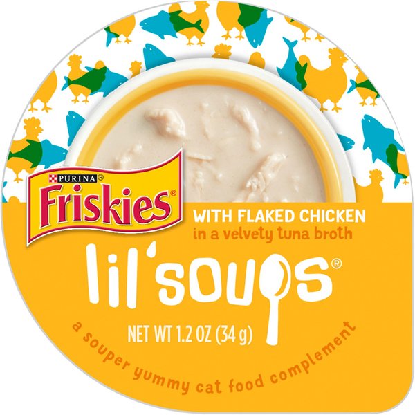 Friskies Lil' Soups with Flaked Chicken in a Velvety Tuna Broth Lickable Cat Food Topper, 1.2-oz tub, case of 8 slide 1 of 10